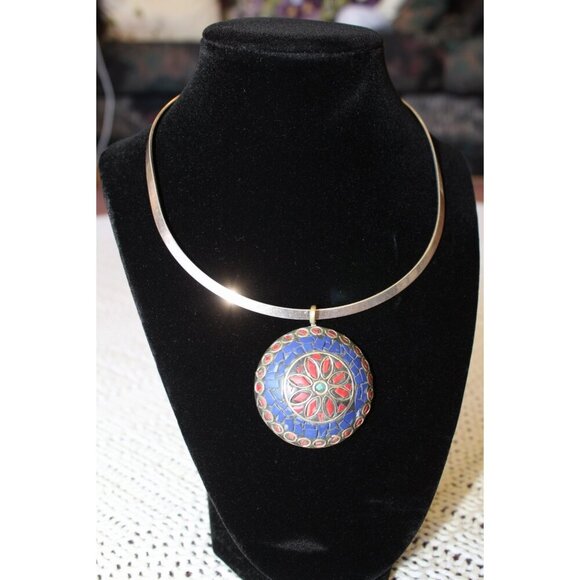 Vintage Mosaic Multicolor Pendant & necklace Handmade Ethnic Bohemian tribal - Picture 3 of 11